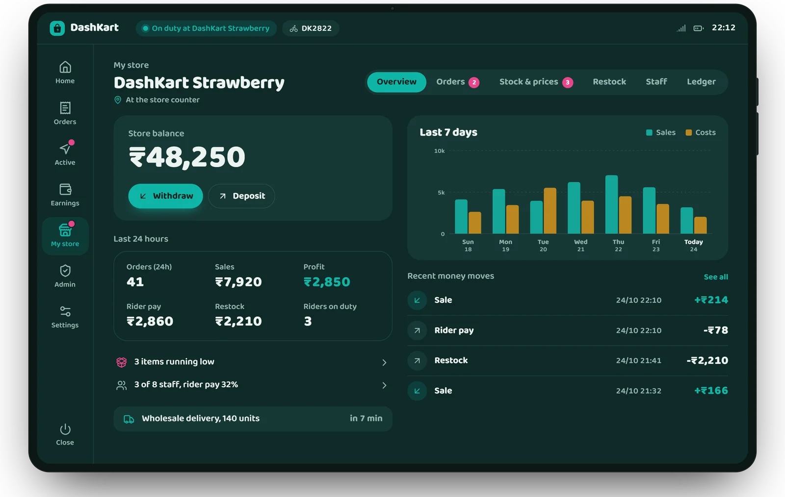 My store app with the store balance, the last 24 hours, a 7-day revenue chart and recent money moves